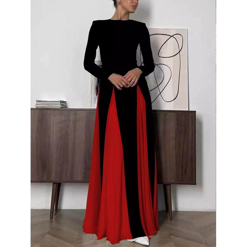 

European and American New Fashion Color Matching Slim fit round Neck Long sleeve dress Splicing round Neck Neck Dress Red XL