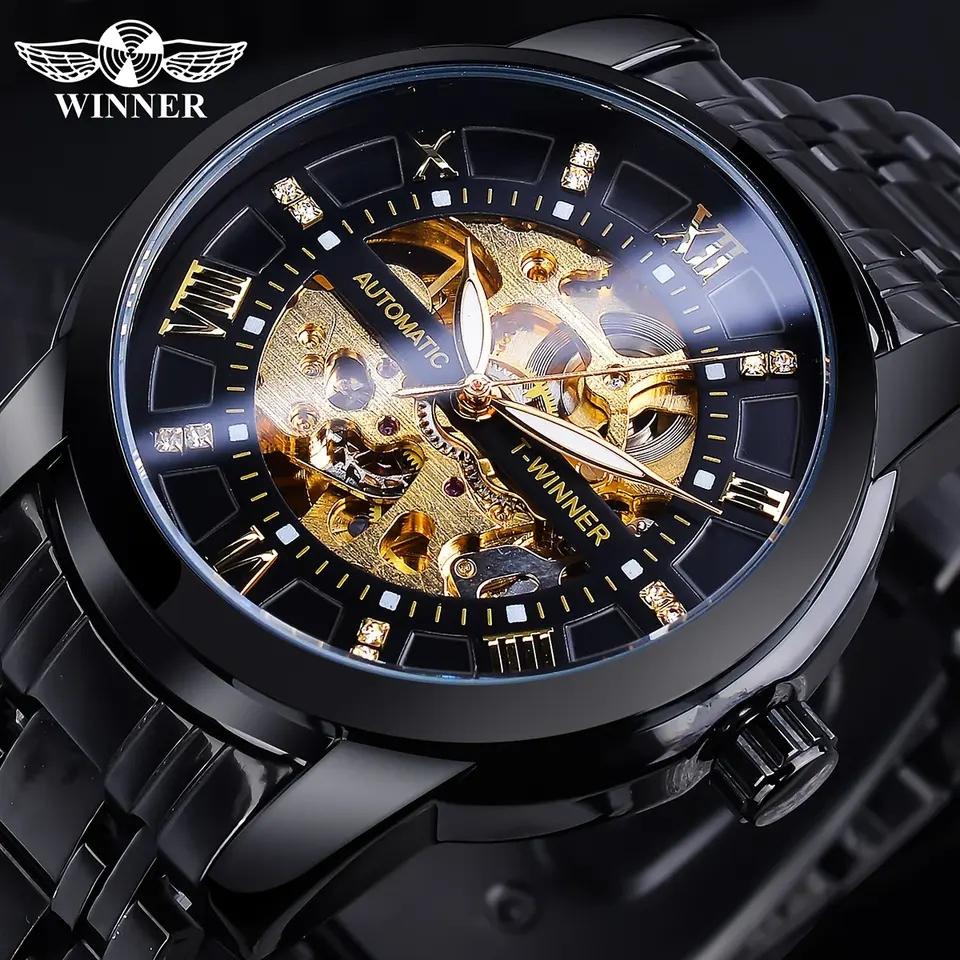 WINNER Orologi Meccanici Classici Lusso Quadrante con Diamanti Scheletro Nero Oro Automatico Orologio da Uomo Cinturino in Acciaio Inossidabile Orologio da Polso