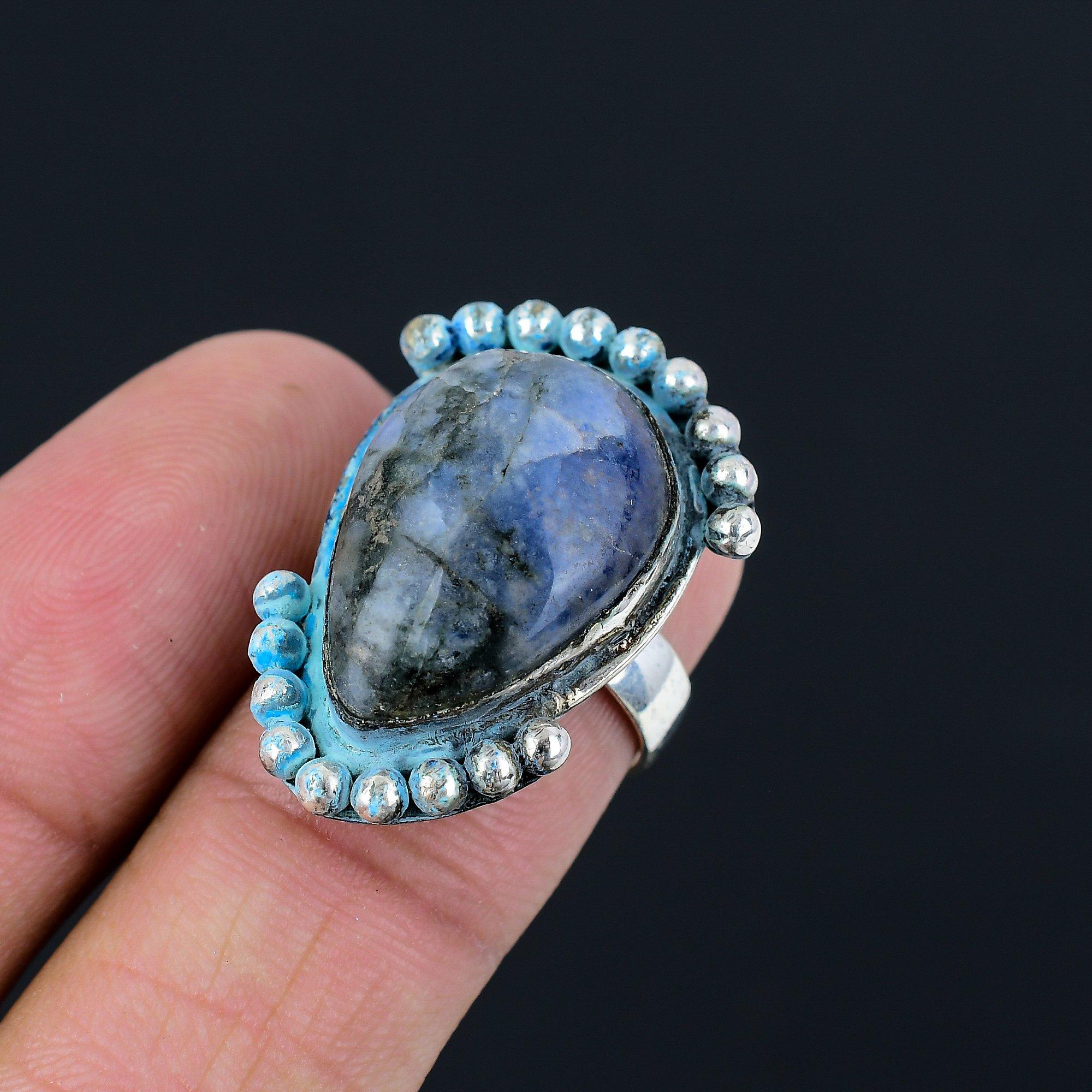 925 Sterling Silver Sodalite Stone Wedding Promise Third Eye Chakra Ring US 7 7
