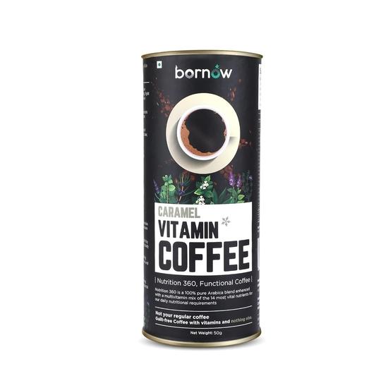 Bornow Caramel Coffee™ | Nutrition 360, 100% Pure Arabica | Infused With 13 Vitamins & Panax Ginseng Extract | Premium Instant Wellness Coffee, 50 Gms