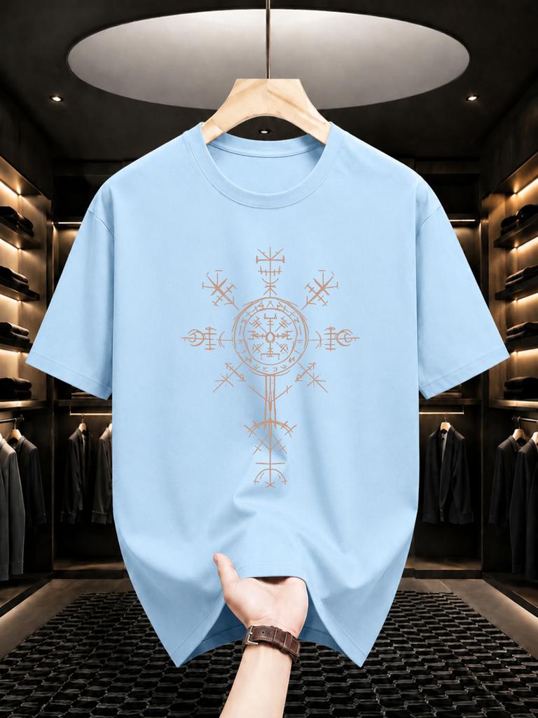 2026 Nuova Maglietta in Cotone Bussola Vichinga Rune Nordiche Stampa Girocollo Manica Corta Street Casual Top