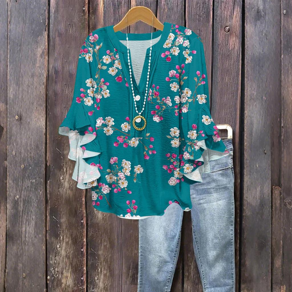 Women's Fashion Button V-Neck Ruffle Seven Sleeve Blouse Floral Printed Top