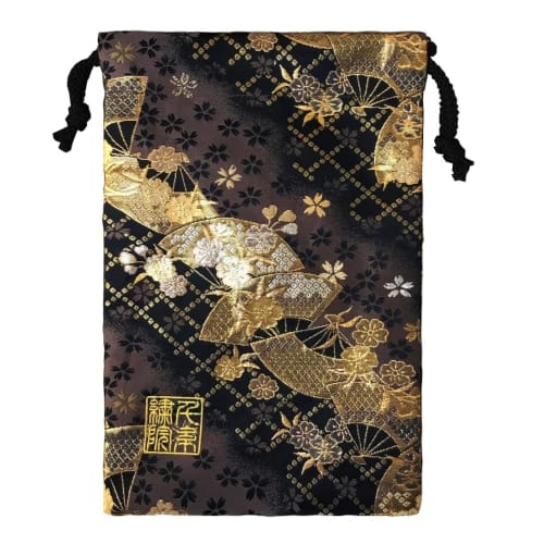 Senshishuin Nishijin Brocade Drawstring Bag (Lined) with Smoky Fan Cherry Blossom Design, Medium Size