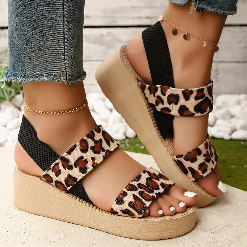 Women's Leopard Print Wedge Sandals Fashion Elastic Cloth Platform Sandals Woman Summer 2025 Lightweight Thick Sole Beach Shoes