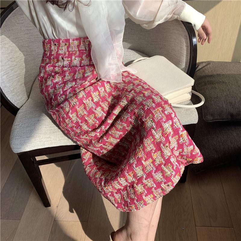 Women's Plus Size Pink Tweed Plaid Midi Pencil Skirt with Slit