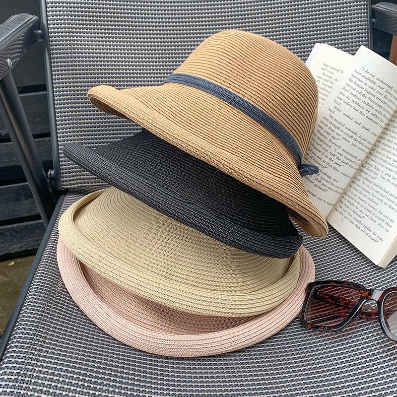 Freedom Outdoors Women's Grey Gemvie Elegant Summer Beach Bucket Hats For Foldable Wide Brim Bowknot Straw Bucket Sun Hat 56-58Cm