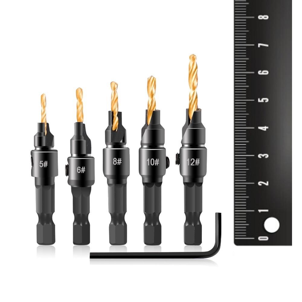 5pcs Drill Bits Countersink Drill Woodworking Drill Bit Set Wood Cutters Drilling Pilot Holes For Screw Sizes #5 #6 #8 #10 #12