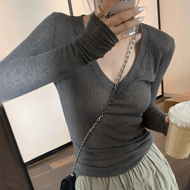 Mesh Long Sleeve Women Black T-shirts Vintage Streetwear Casual Slim Up Solid Tops Bottoming Shirt