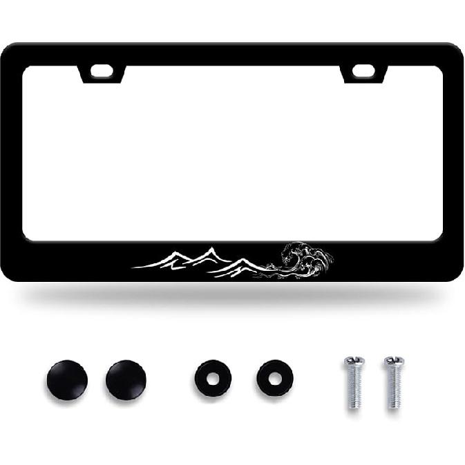 Waves License Plate Frame Ocean Wave Mounta License Plate Stainless Steel Parts Funny License Plate Decorative With Screws Size 12.3" X 6.3"