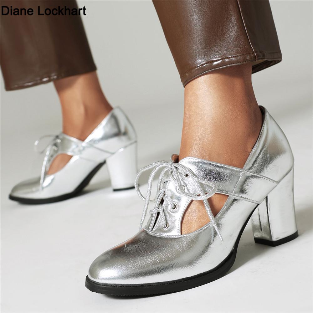 Fashion 2025 New Women Hollow Breathable Pumps Shallow Brogue Ladies Vintage Oxford Shoes Lace-Up Chunky High Heels Female Gold Silver