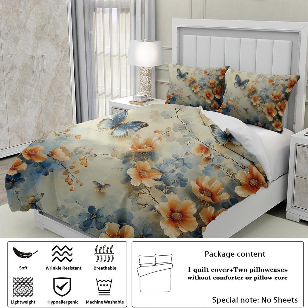 3Pcs Floral And Buttterfly Pattern Printed Bedding Set, 1*Duvet Cover+2*Pillowcase, Polyester Soft Bedroom Decoration Bedding