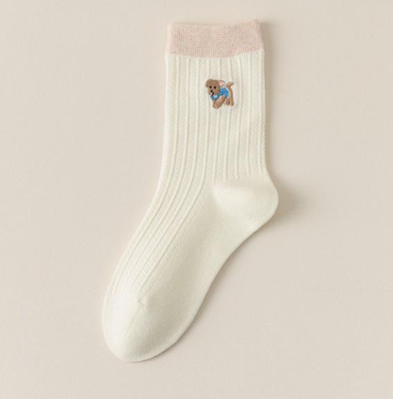 Puppy Embroidered Women's Mid-Calf Cotton Socks - Odor-Resistant, Anti-Pilling, Color Block Cartoon Style for Spring/Autumn