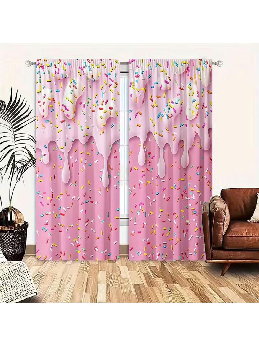 

2pcs Cute Pink Dripping Frosting & Colorful Sprinkles Pattern Curtains, Designed for Light Blocking, Premium Material, Suitable 24x59in(60x150CM)x2&Rod Pocket