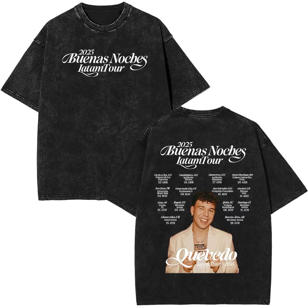 Rapper Quevedo Buenas Noches Vintage Washed T Shirt Mens High Quality Short Sleeve Tshirts Fashion Oversized Harajuku Tshirts