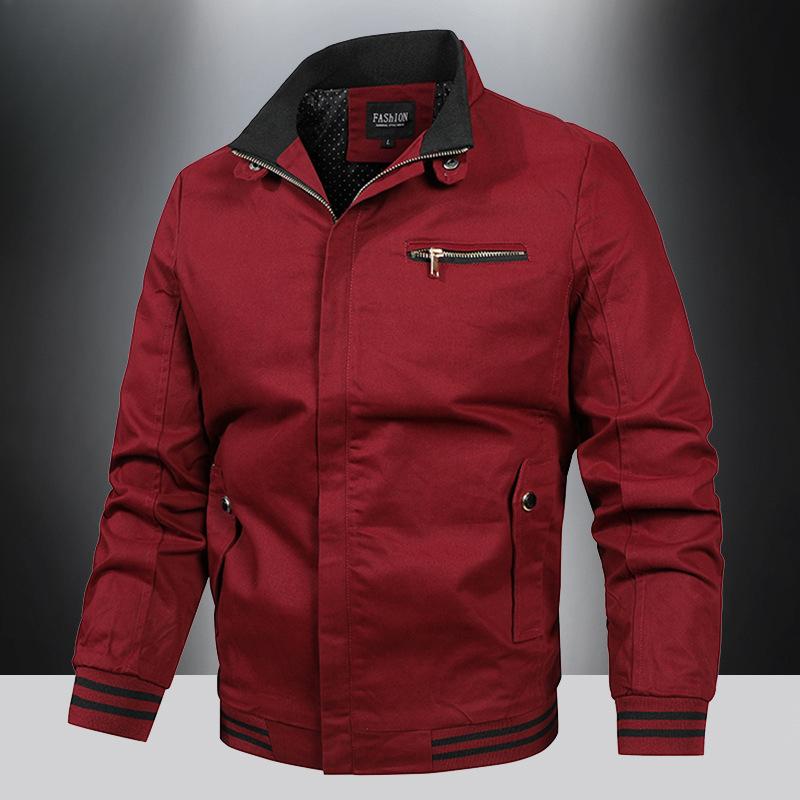 

Осенняя мужская повседневная куртка с воротником-стойкой, корейская версия чистого хлопка, трендовая простая куртка с инструментами, однотонный молодежный топ, тонкий M красный