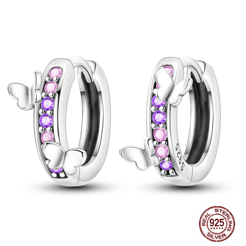 Original Butterfly Hoop Earrings for Women Sparkling Pave Colorful Zircon Blue Pink Purple Heart Wedding Drop Earring