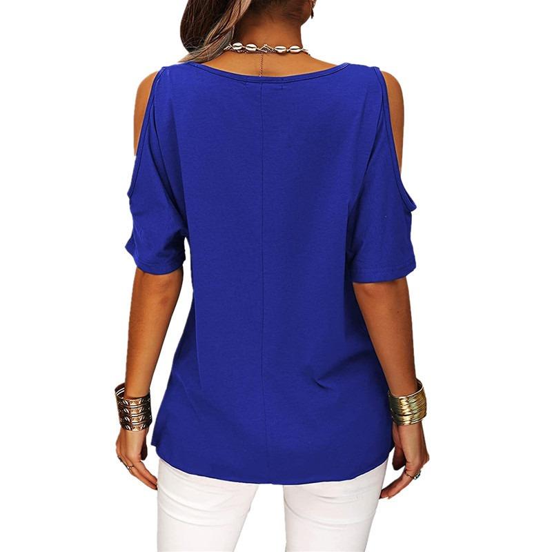 Women Casual Solid Cold Shoulder Loose Short Sleeve T Shirt