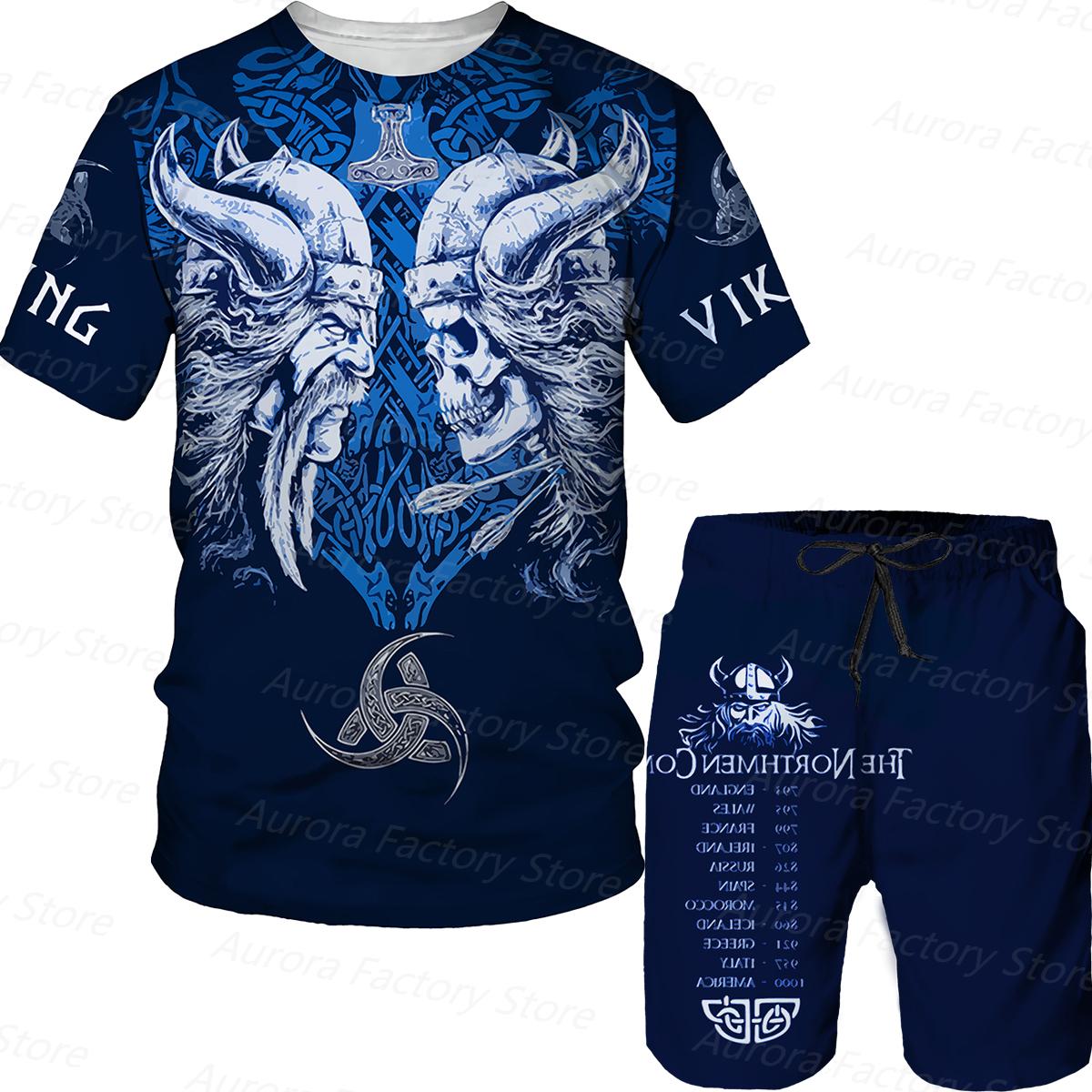 

Летний мужской спортивный костюм, футболка с рисунком викингов + шорты, комплект, повседневная одежда, спортивный спортивный костюм, одежда больших размеров, мужская уличная одежда XL
