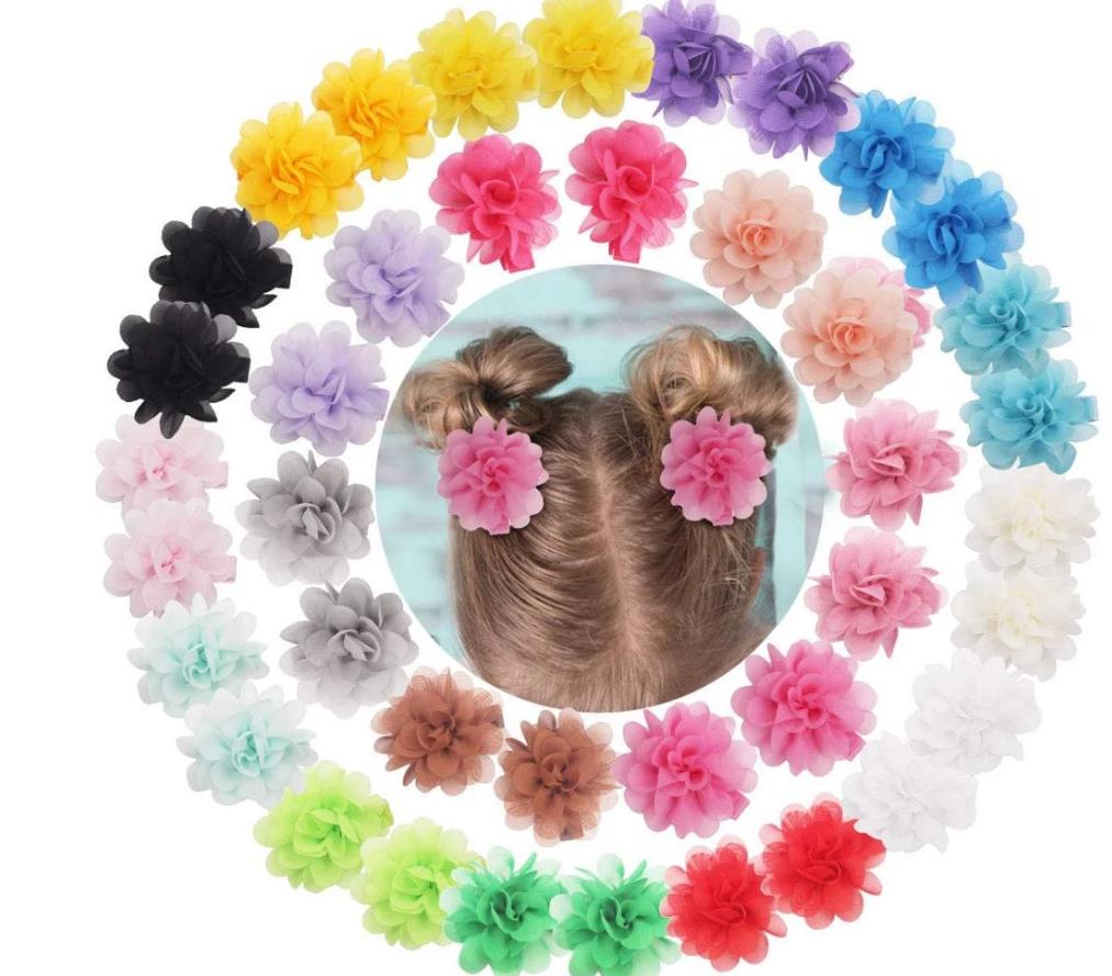 14/40 st 2" Chiffongblomma Hårrosetter Helt Fodrade Blomma Små Hårspännen Fint Hår Flickor för Spädbarn Småbarn Set med 20 Par