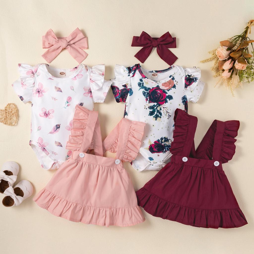 Cheap Newborn Baby Girl Ribbed Outfit Ruffle Sleeve Romper Solid Color Suspender Skirt Set 2PC