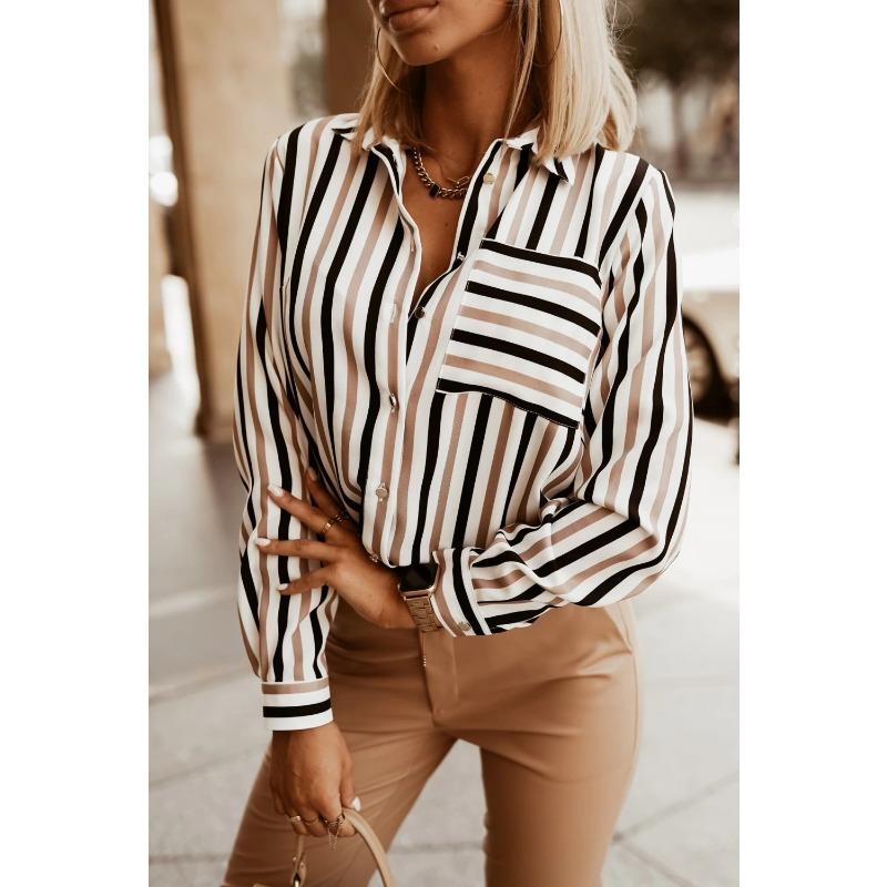 

women s Button Down Pocket Striped Print V Neck Long Sleeve Casual Blouse Shirt Top S