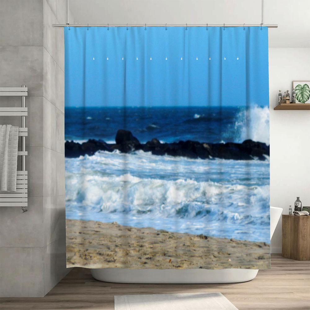 Ozeanwellen Duschvorhang Wasserdichtes Gewebe Badezimmer Dekoration Strandmotiv Druck Modernes Design Für Zuhause Wohnzimmer Oder Schlafzimmer (Blu