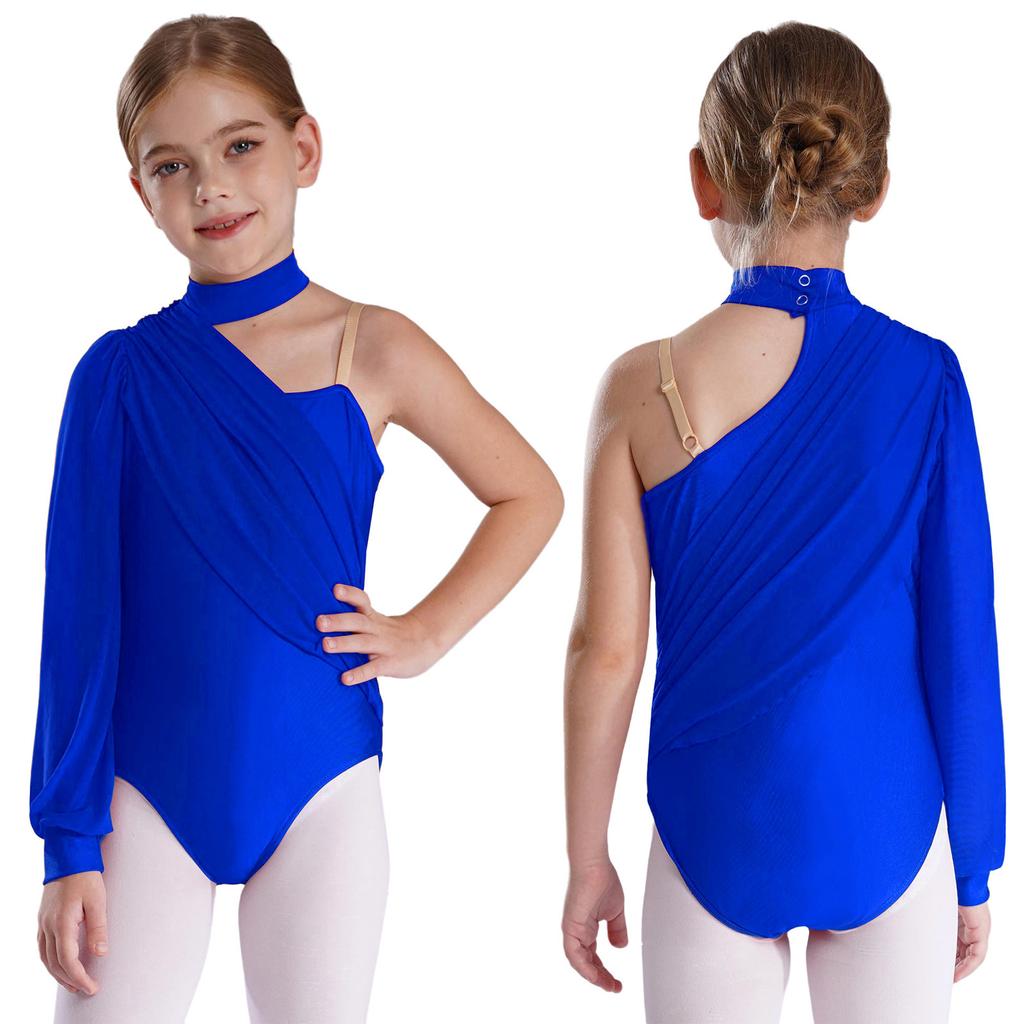 Kids Girls Ballet Jersey Dance Leotards Gymnastics Acrobatics Figure Skating Performance Costume Ruched Mesh Overlay Bodysuit