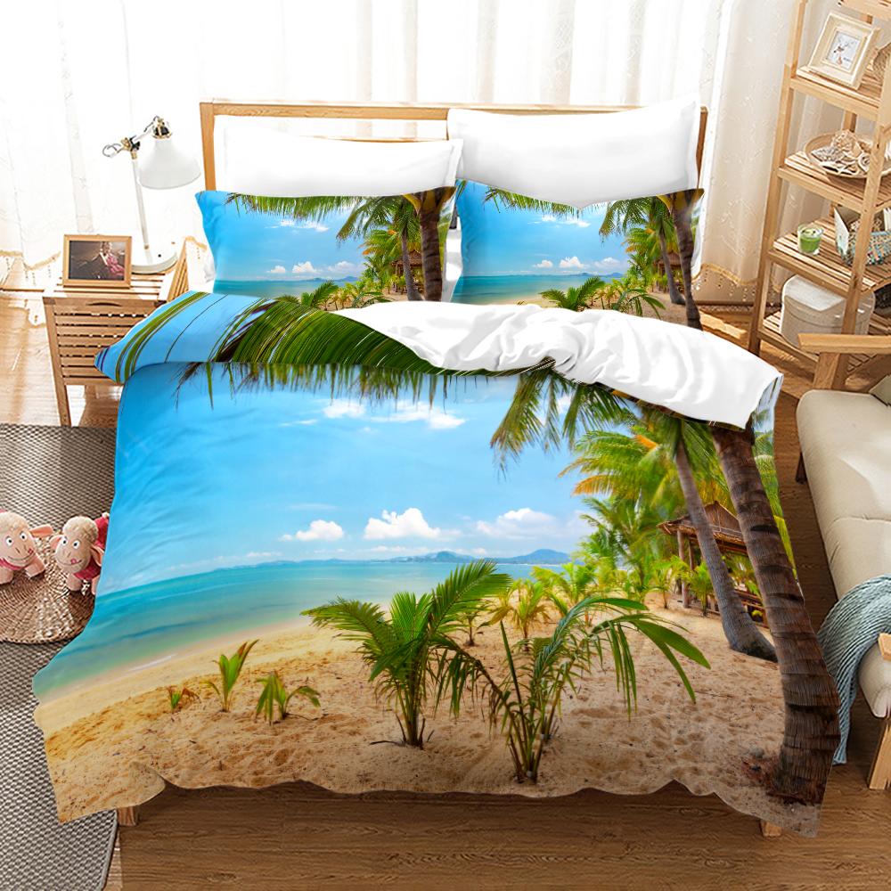 Tropical Landscape Polyester Duvet Cover Sets King Full With Pillowcase Coconut Trees Sea Sunset Natural View Large Sun Pattern