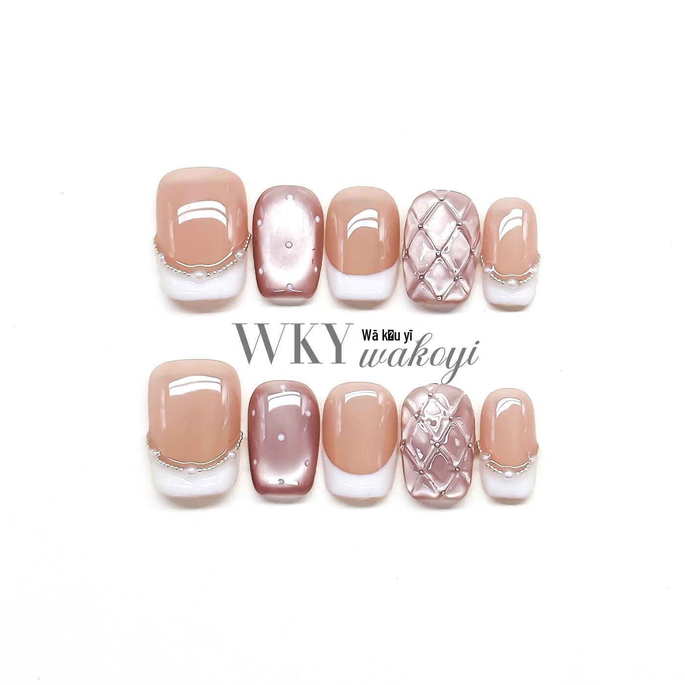 WowKouYi New Year Handmade French Cat Eye Rhombus Press-On Nails with Whitening Flakes.