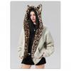 Vintage Leopard Print Cat Ear Hooded Padded Jacket Loose Fit Warm Winter Coat Men Women