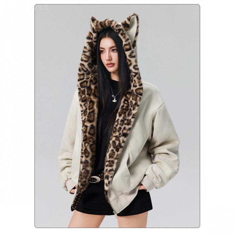 Vintage Leopard Print Cat Ear Hooded Padded Jacket Loose Fit Warm Winter Coat Men Women