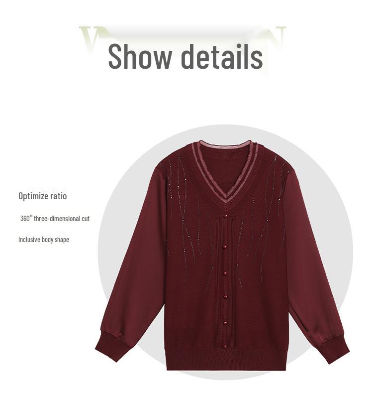 Mom's Spring Knit Top with Gauze Sleeves – Stylish, Age-Reducing Sweater for Middle-Aged and Elderly Women