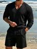 Men's Linen Casual Sports Suit: V-Neck Long Sleeve Top & Shorts - Lightweight & Breathable for Summer