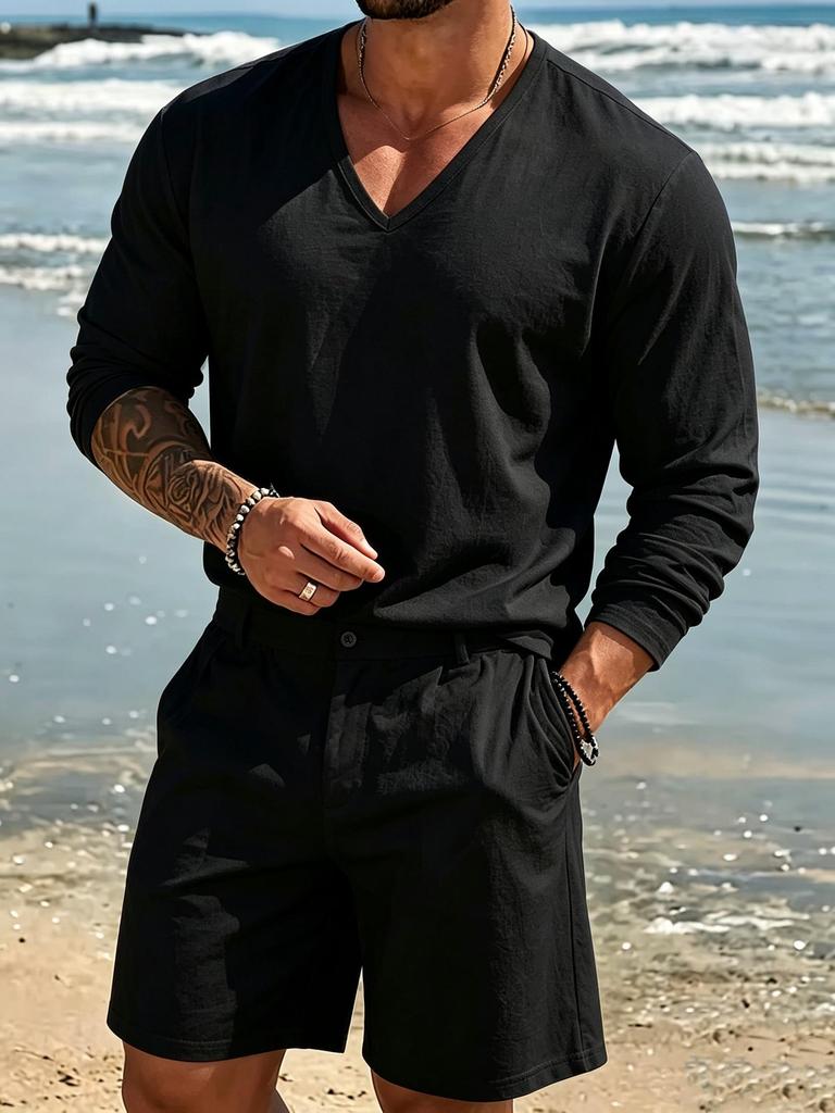 Men's Linen Casual Sports Suit: V-Neck Long Sleeve Top & Shorts - Lightweight & Breathable for Summer