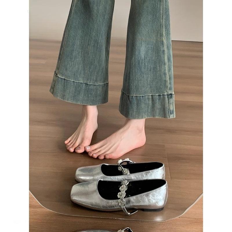 Mary Jane Schuhe mit flachem Boden, Strass-Schnalle mit einem Wort, Frühling 2025 neu, vielseitig, Lackleder, flacher Ausschnitt, Einzelne Schuhe