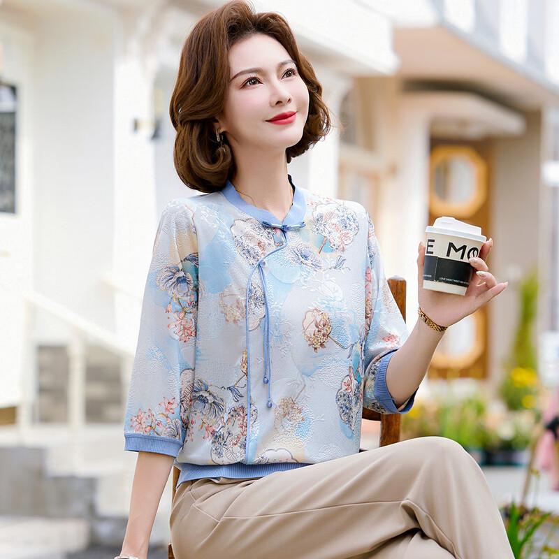 Woxue Mama New Chinese Style Floral Jacquard Loose T-Shirt