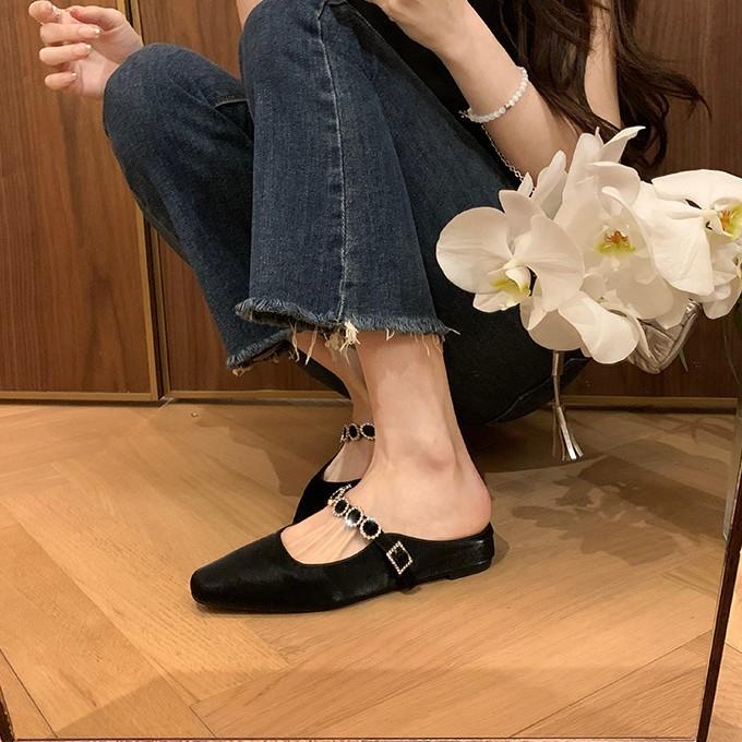 Inner heightening version~ Leather silver thick-bottomed bag head slippers women's rhinestone word with slope heel sandals Muller half slippers