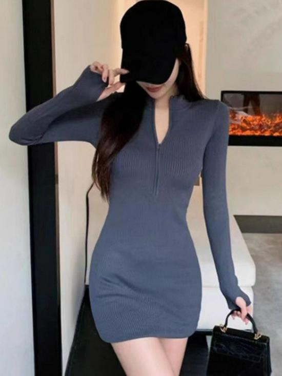 Pure Desire Zippered High-Neck Slim Fit Long Sleeve Bodycon Little Black Dress for Women – Autumn Hot Girl Style