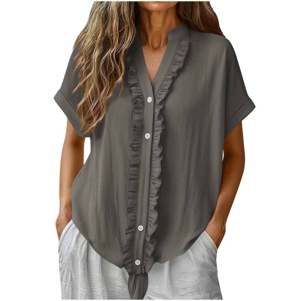 Women's Casual Short-Sleeve Cotton Linen Ruffled Button-Up Shirt