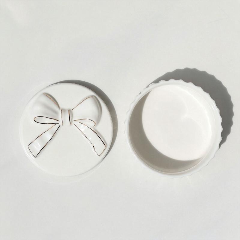 White Ceramic Jewelry Box with Lid for Rings and Earrings, Raised Lid Detail and Vanity Storage for Dresser Use and Tabletop Display