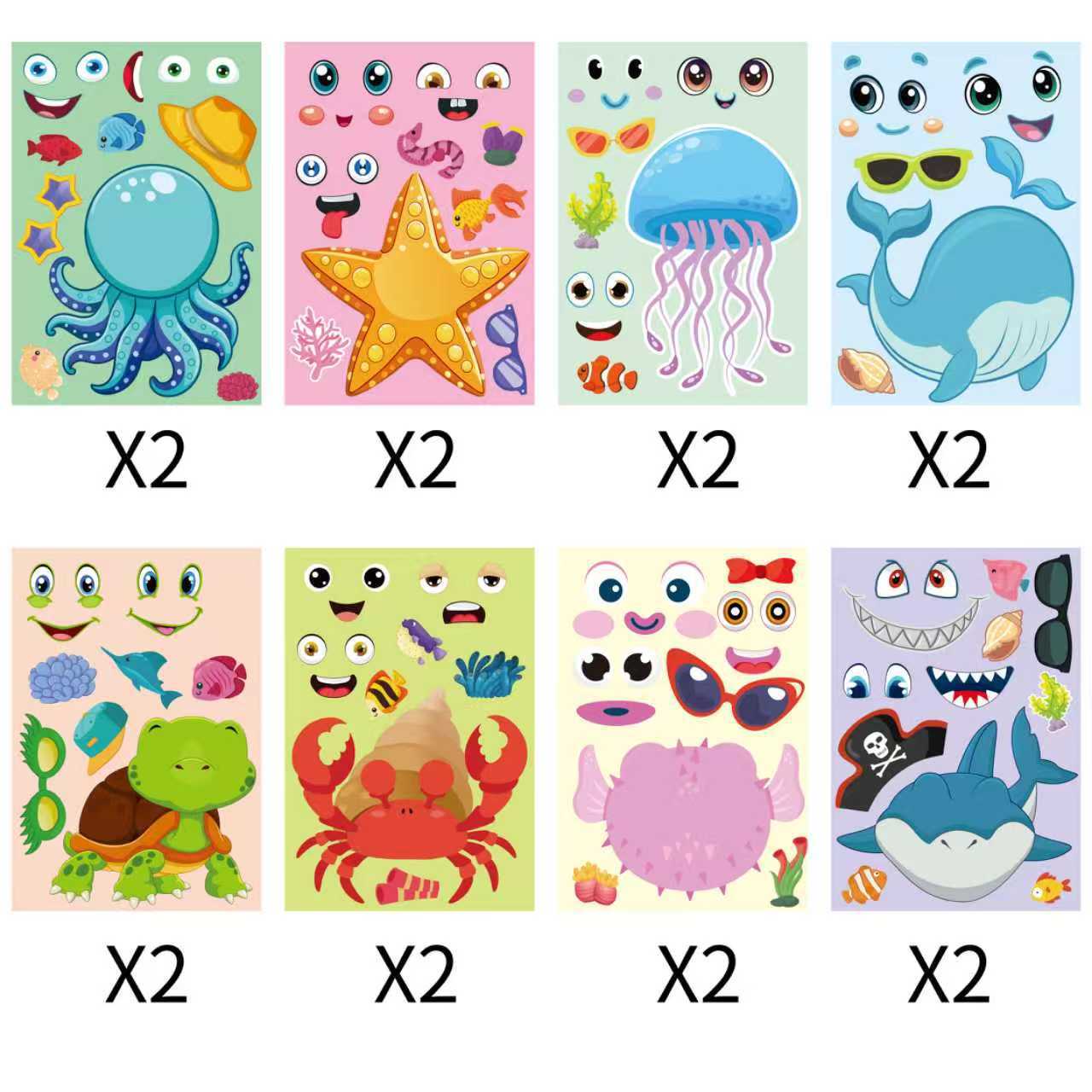 DIY Creative Marine Animal Cartoon Stickers for Kids Make a Face Activity 11*16cm*16pcs