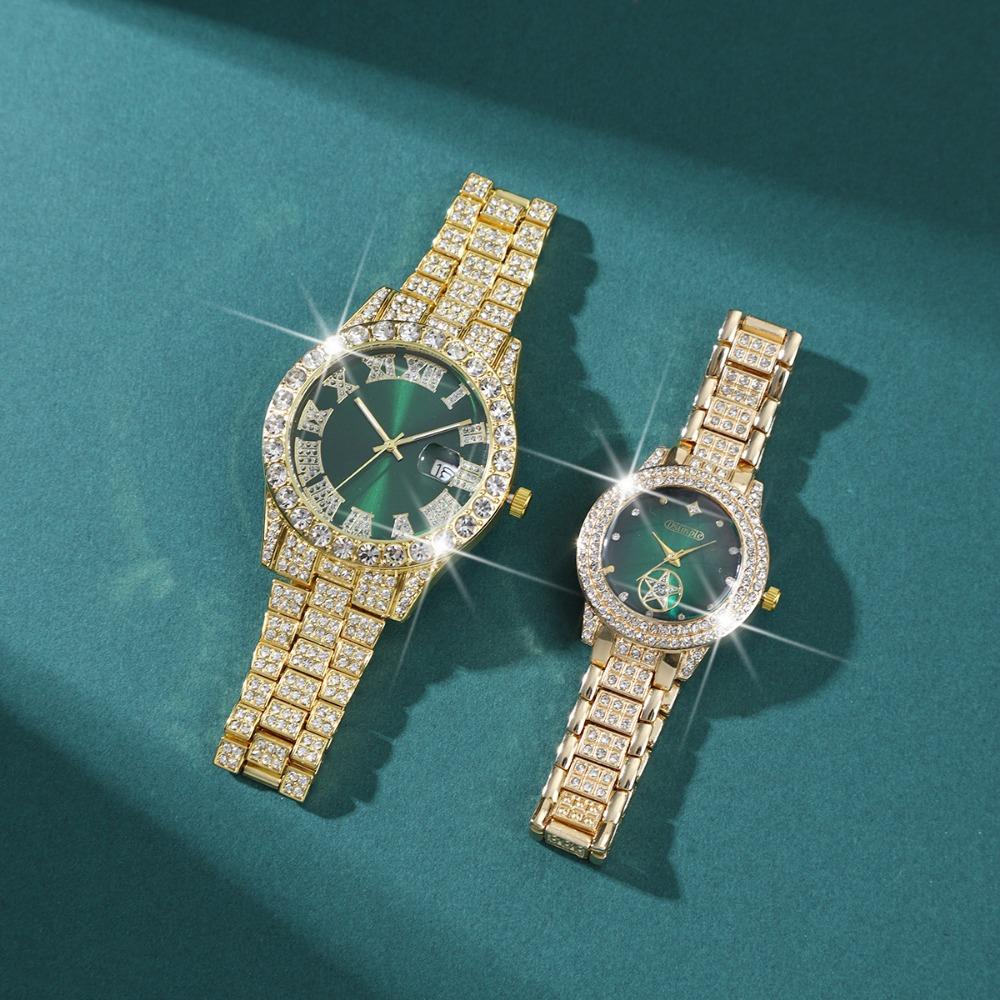 2 Pcs/Set Couple's Watch Set Luxury Rhinestone Set Quartz Watch Analog Elegant Green Dial Watch Ideal for Men and Women