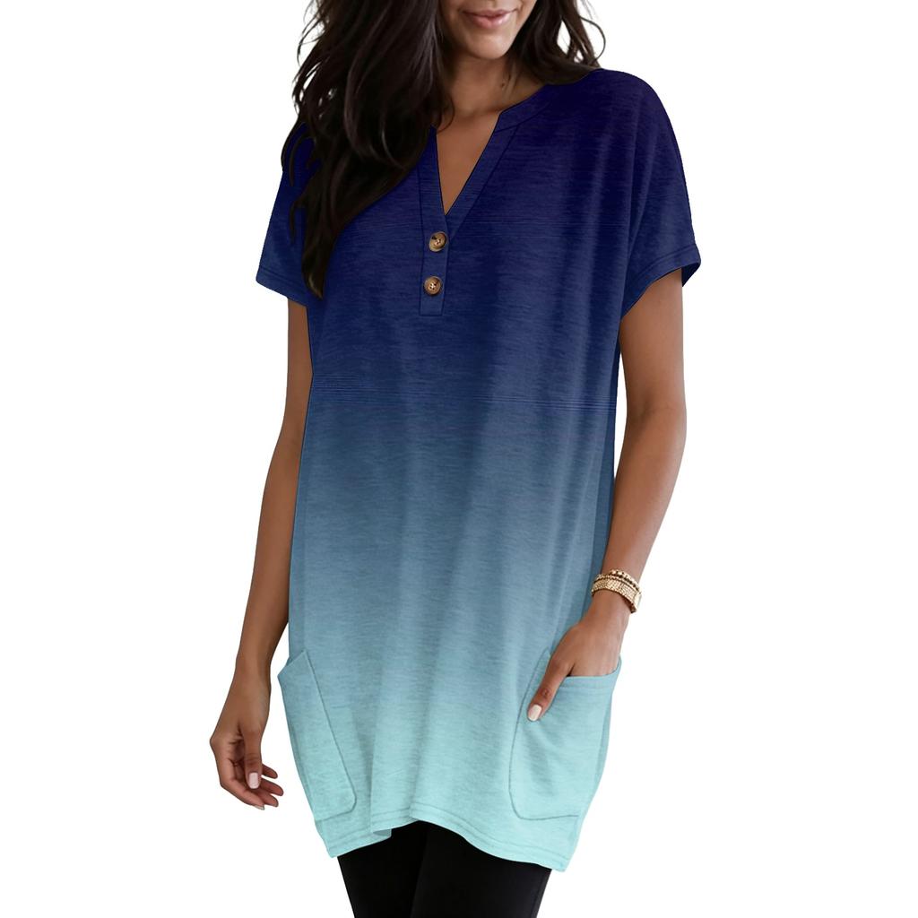 Women's V-Neck Gradient Print Short Sleeve Blouse with Pocket - Casual Pullover Top for Everyday Wear