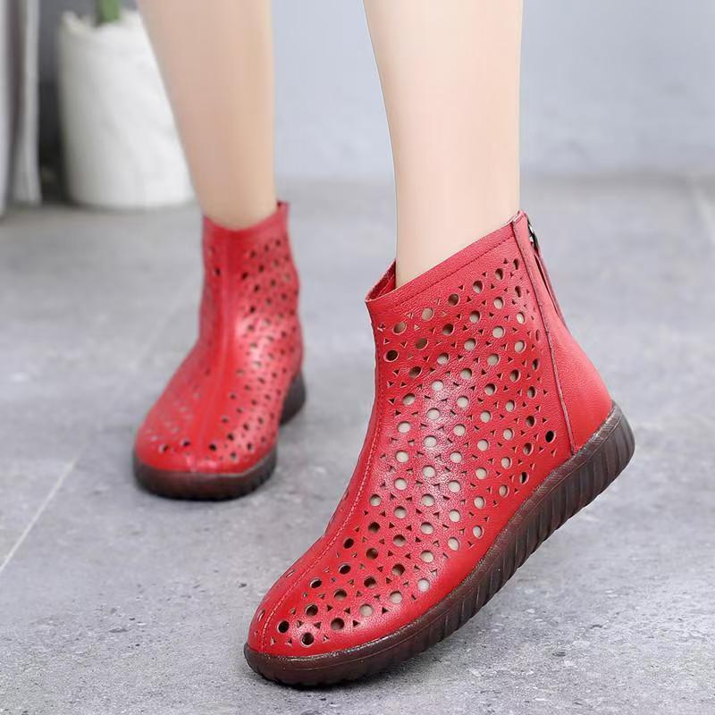 Botines de Cuero Genuino para Mujer Calados de Talla Grande Primavera Verano Nuevos Suela Blanda Antideslizante Caña Alta Cremallera Suela Plana Bota Fresca