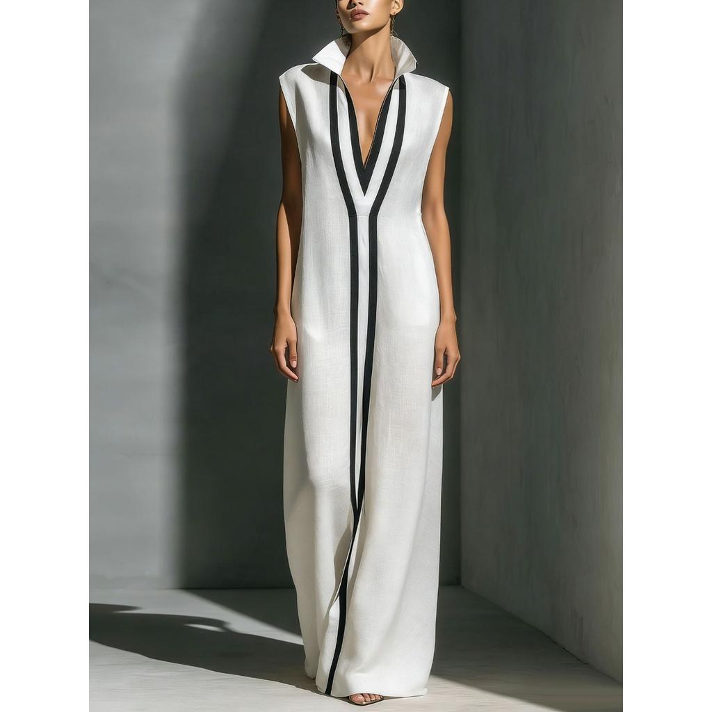 Damen V-Ausschnitt Ärmellos Weiter Bein Jumpsuit Lockerer Sitz Hoher Bund Kontrastfarbe Maxi Jumpsuit
