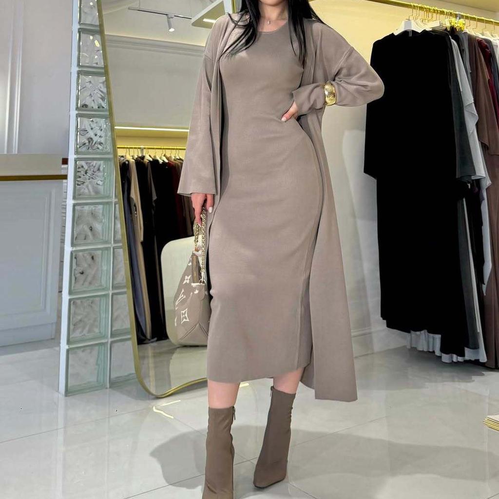 2025 Fall Women's Elegant Round Neck Long-Sleeved Knit Dress & Trench Coat Set