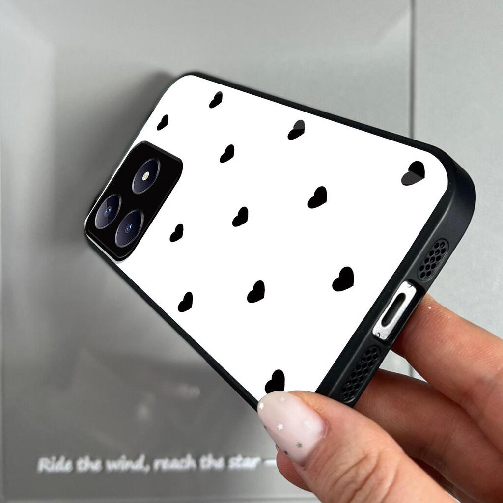 Black Heart Pattern Phone Case for realme C65s C63 C61 Note 60x 60 Acrylic Back TPU Bumper Shockproof Protective Cover, Minimalist Korean Style