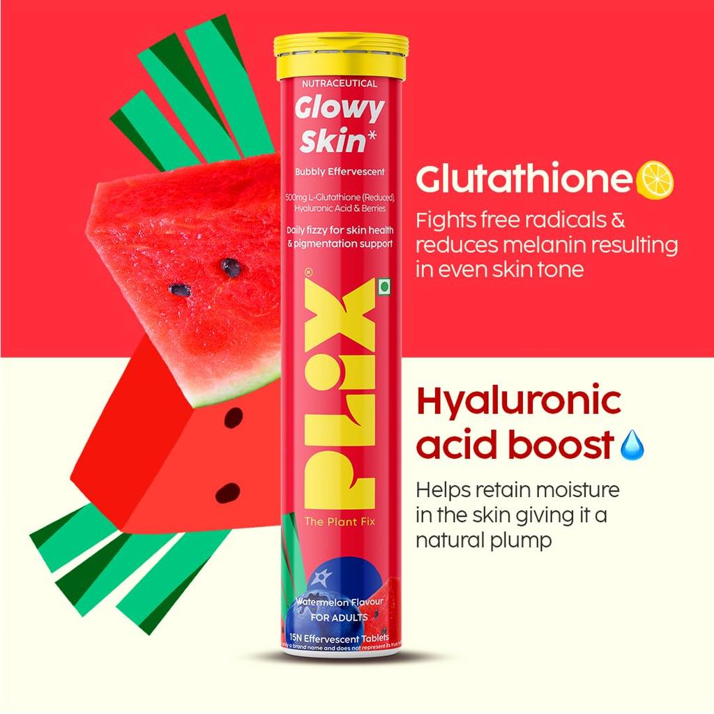 PLIX The Plant Fix Glutathione Effervescent Tablets Watermelon Flavor Skin Glow Support Sugar Free Pack Of 6 X 15 tabs