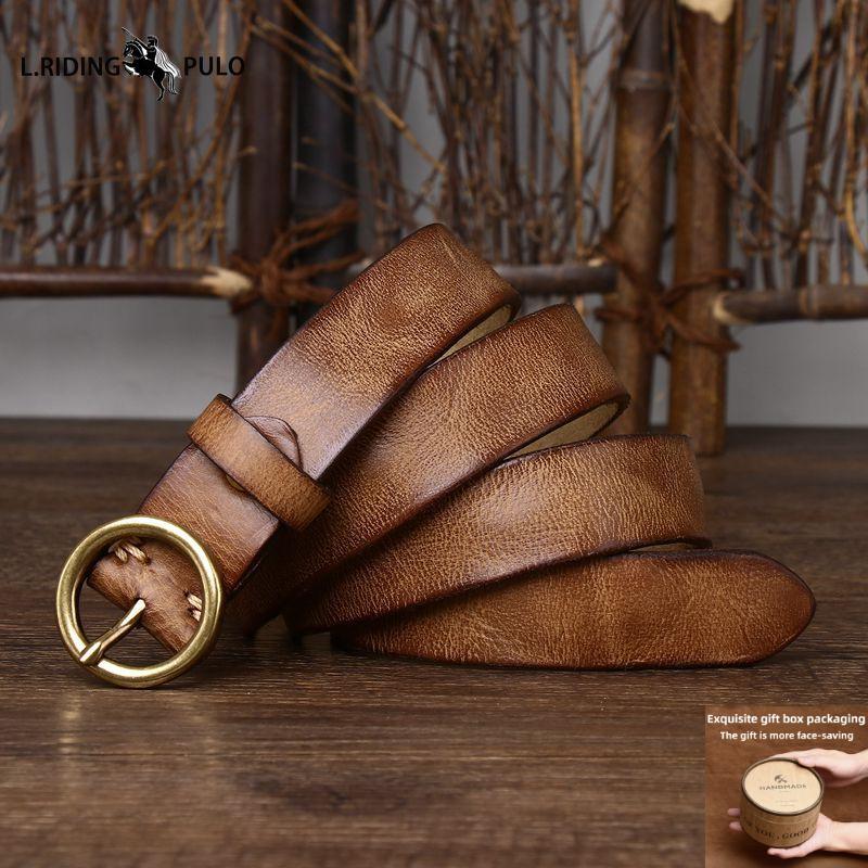 Cintura di Jeans con Fibbia in Rame in Vera Pelle Moda Cintura da Donna in Vera Pelle di Vacchetta con Fibbia Rotonda Ins