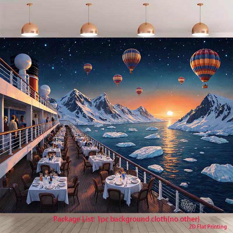 

2D Cruise Ship Tapestry for Living Room, Luxury Deck Dining with Arctic Icebergs and Sunset 47.2x31.5inch/120*80cm